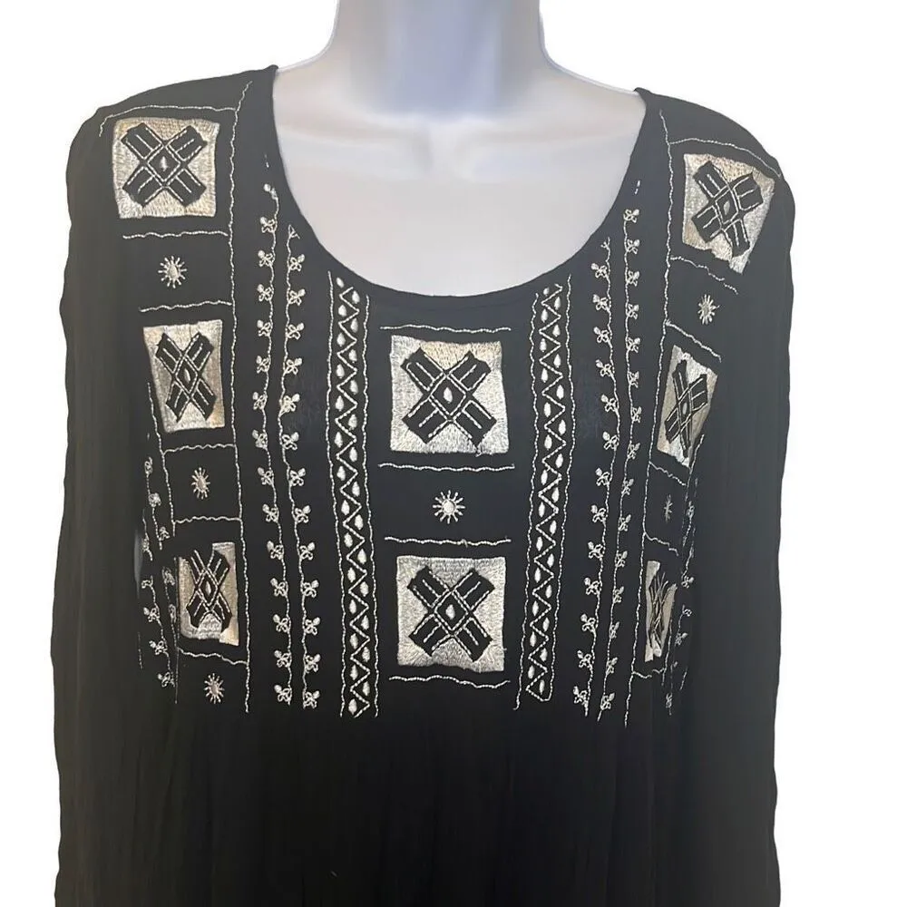 Staring at Stars Black White Embroidered Babydoll Dress Medium Boho Whimsygoth - Image 3