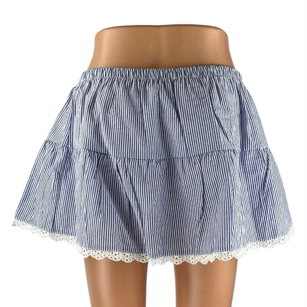 NEW Edikted Blue White Seersucker Striped Tiered Lace A Line Mini Skirt Size M - Image 3