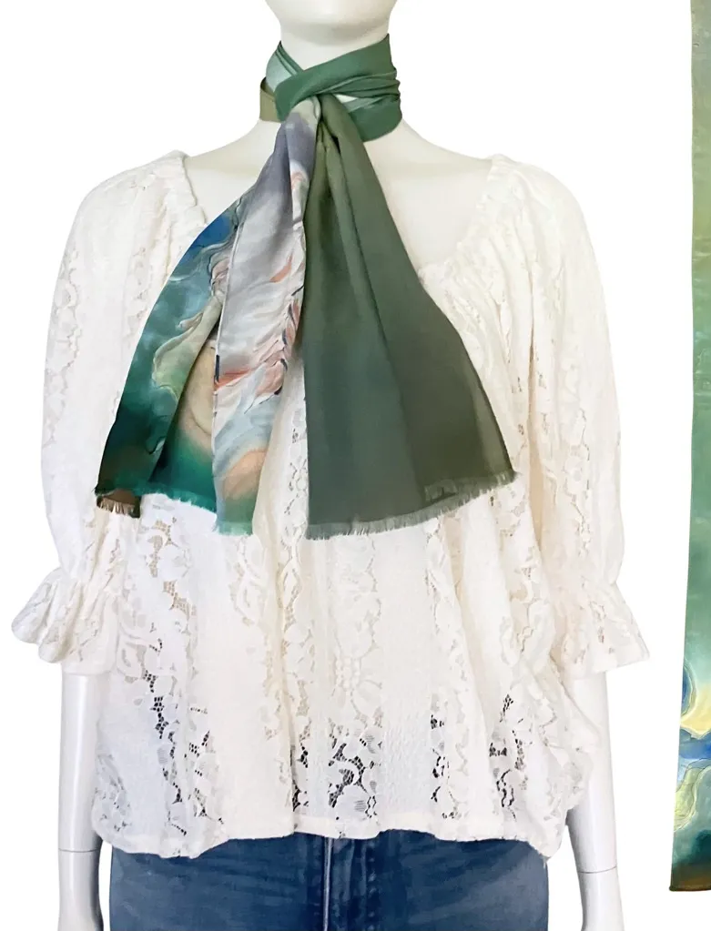 Vintage 100% Silk Green Blue Abstract Watercolor Long Scarf Painterly Boho - Image 1