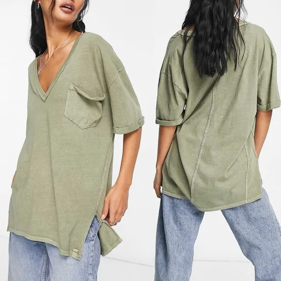 Free People Slouchy V-neck T-shirt in Khaki, Size M NEW w/Tag - Image 2