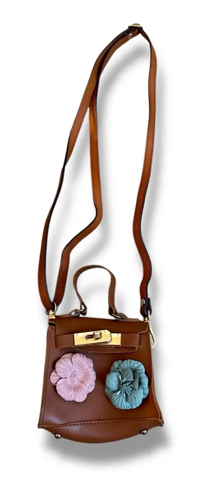 Mini Brown Crossbody‎ Bag Floral Applique Gold Lock Women’s Adjustable Strap - Image 1