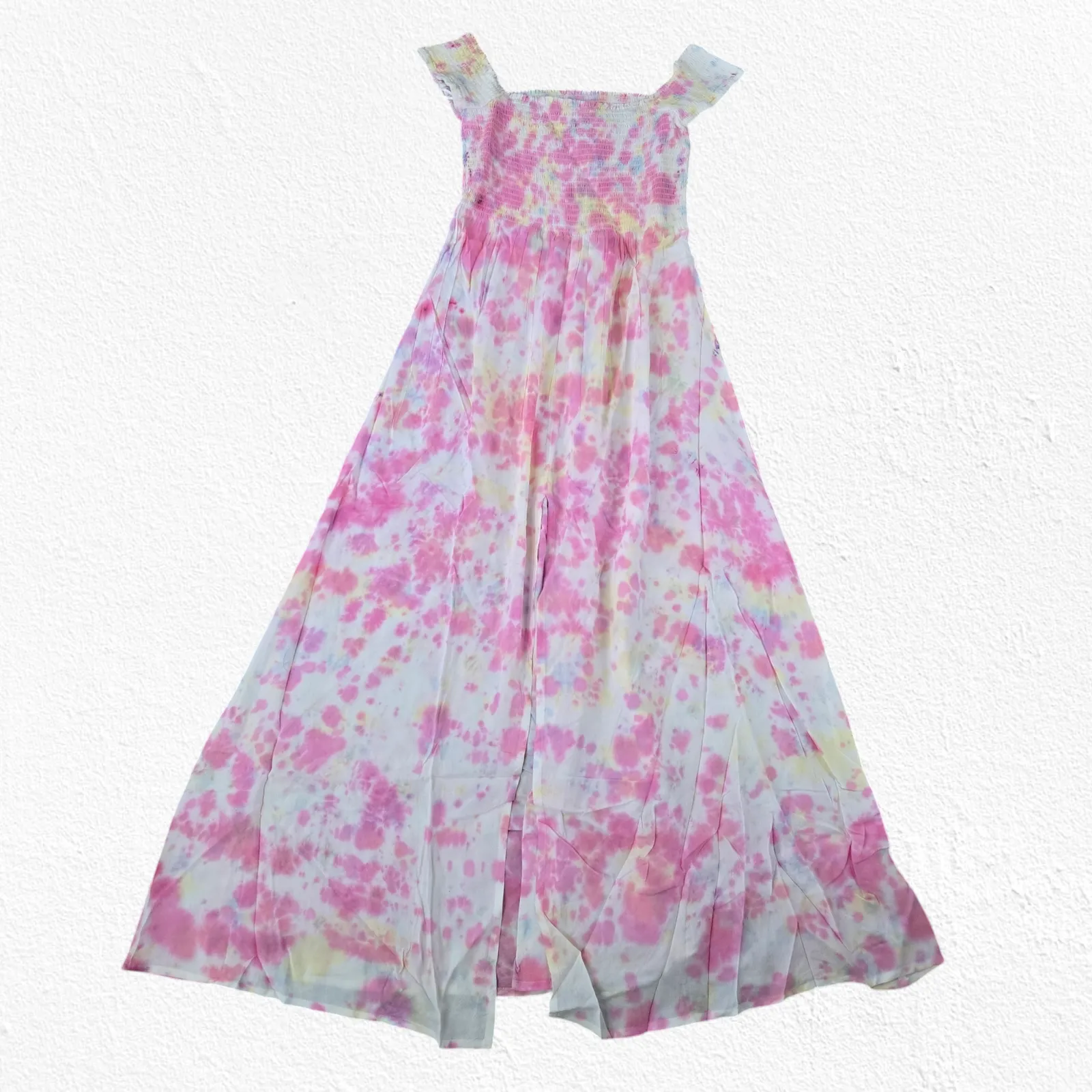 Pink White Tie Dye Smocked Off the Shoulder Area Stars Kaia Dress Size Medium - Image 13