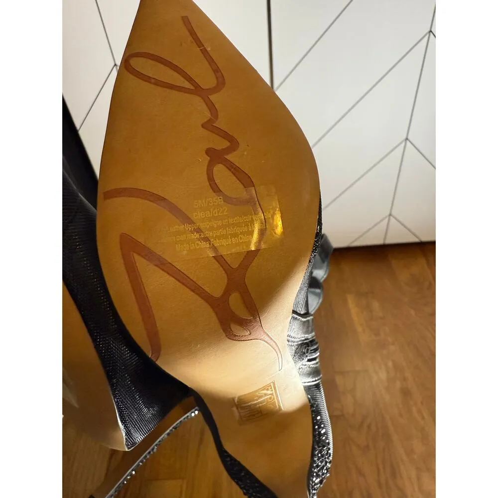 Karl Lagerfeld Womens 5 Black Paris Mesh Rhinestone Leather Zipper High Heels - Image 6