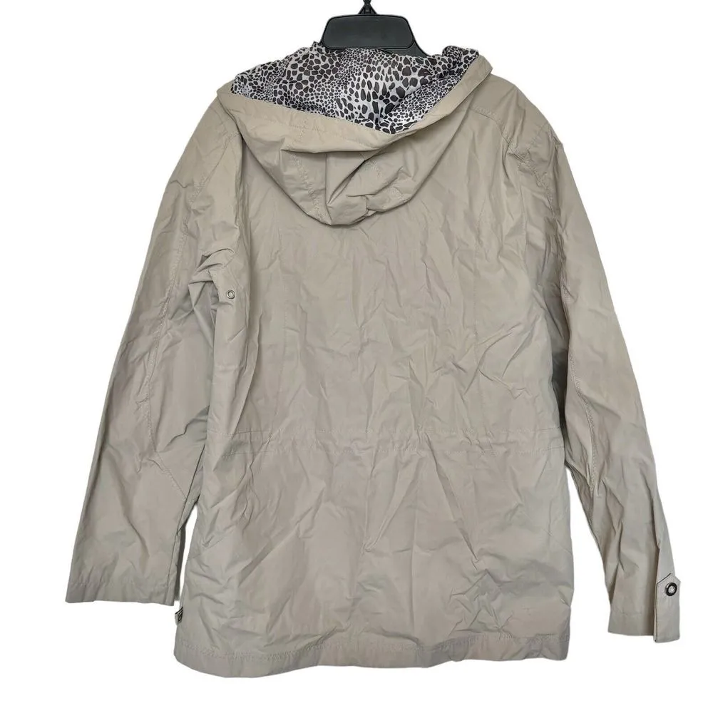 Women's Jacket Sz Medium Rain Hooded Beige Canvas  Pockets Leopard - Image 2