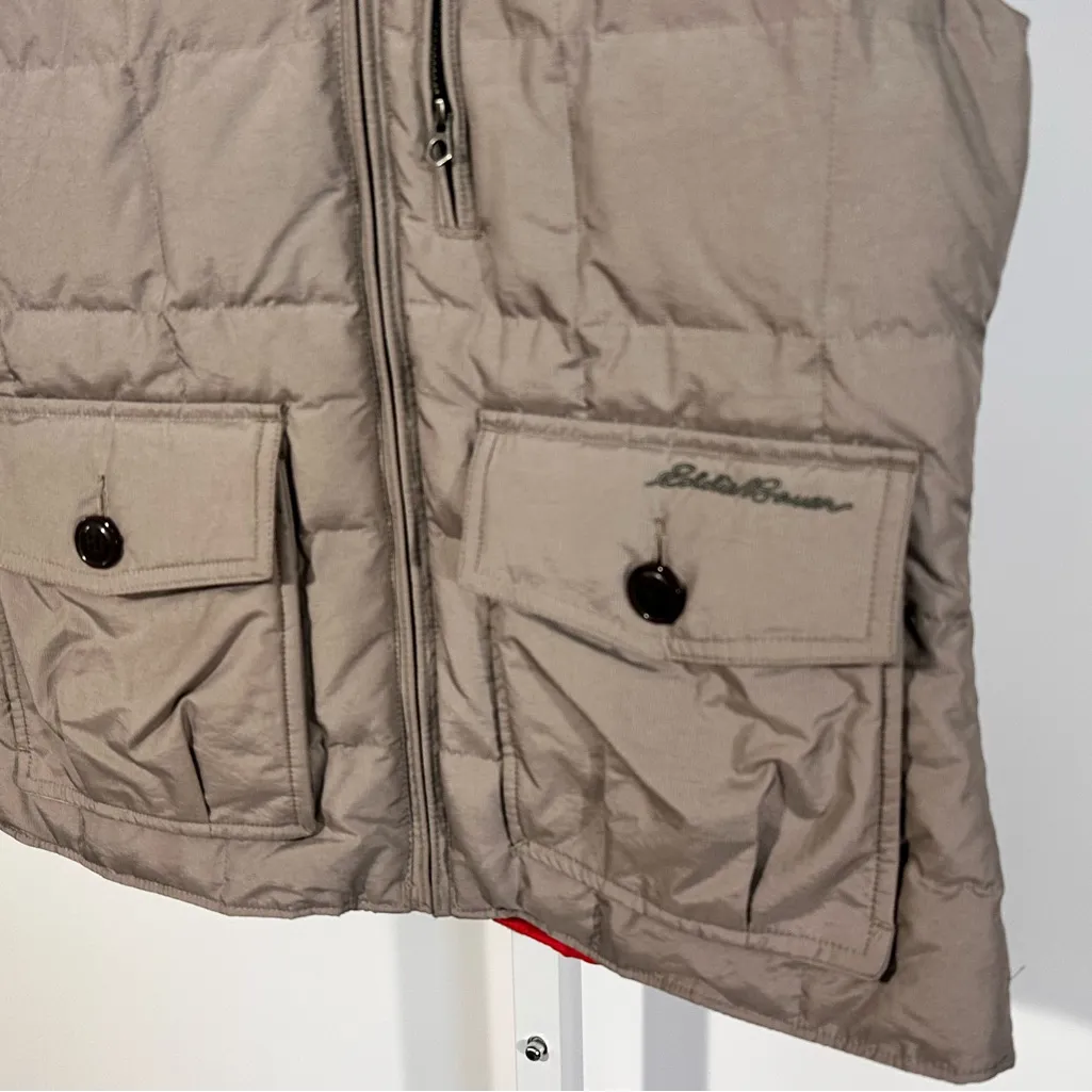 Eddie Bauer Down Puffer Vest Women’s PS Hooded Zip Front Faux Fur Trim Taupe - Image 2