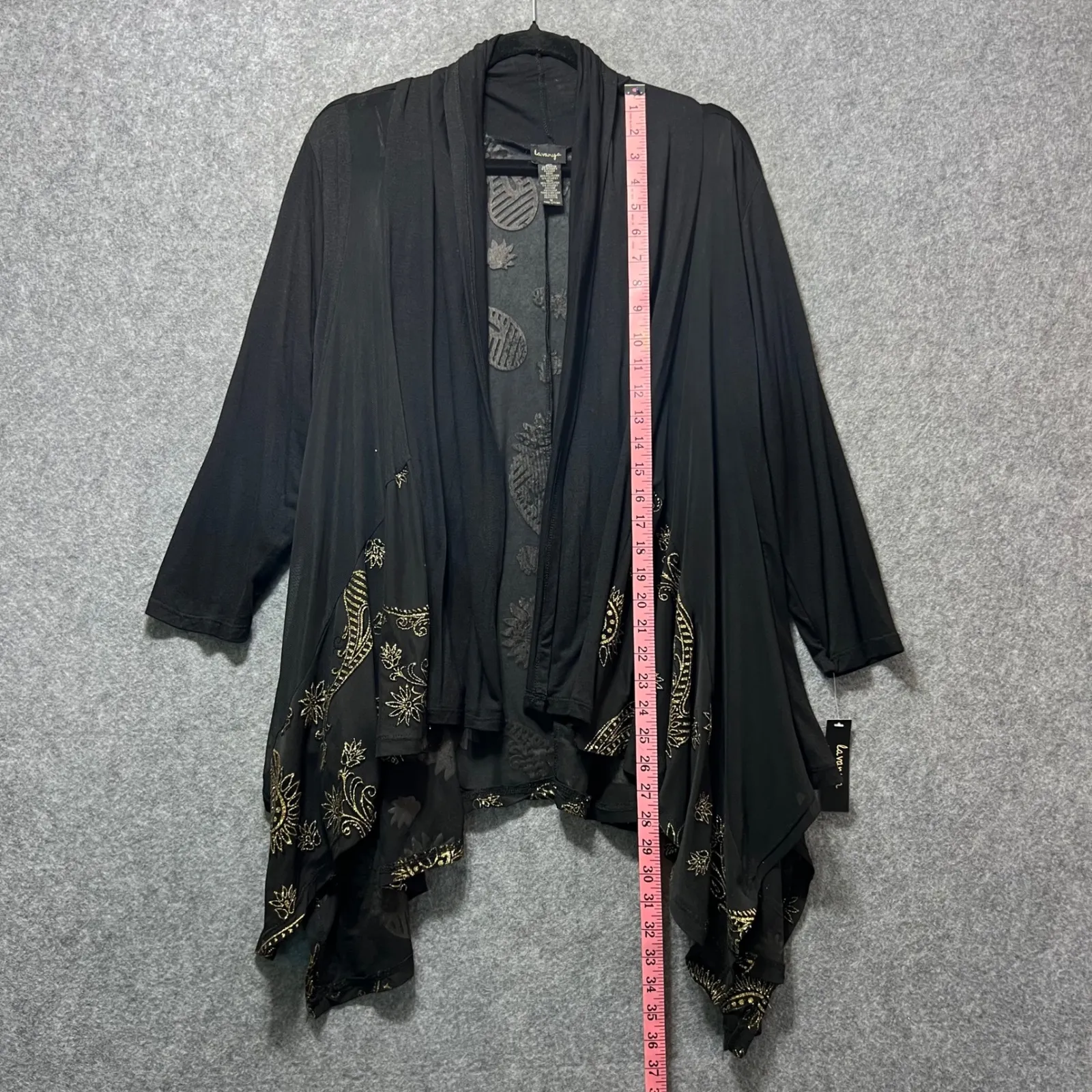 Lavanya Black Gold Paisley Print Mesh Overlay Drape Cardigan M Open Front Boho Size M - Image 3