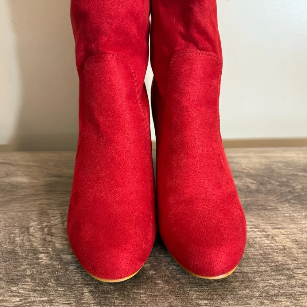 Allegra K Red Faux Suede Pull On Heeled Boots Women’s Size 10 - Image 7