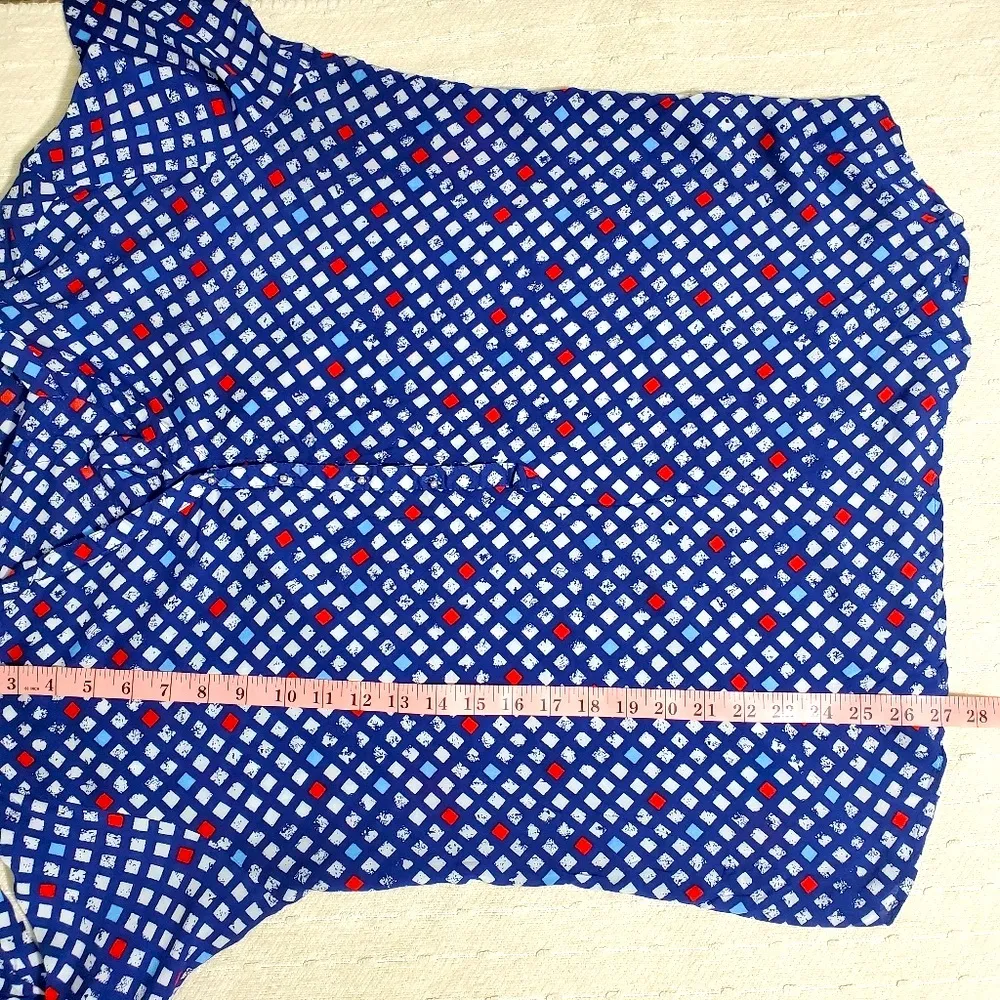 Grand & Greene Blouse Navy Blue Red White Lattice Print Roll Tab Cotton Size XL - Image 5