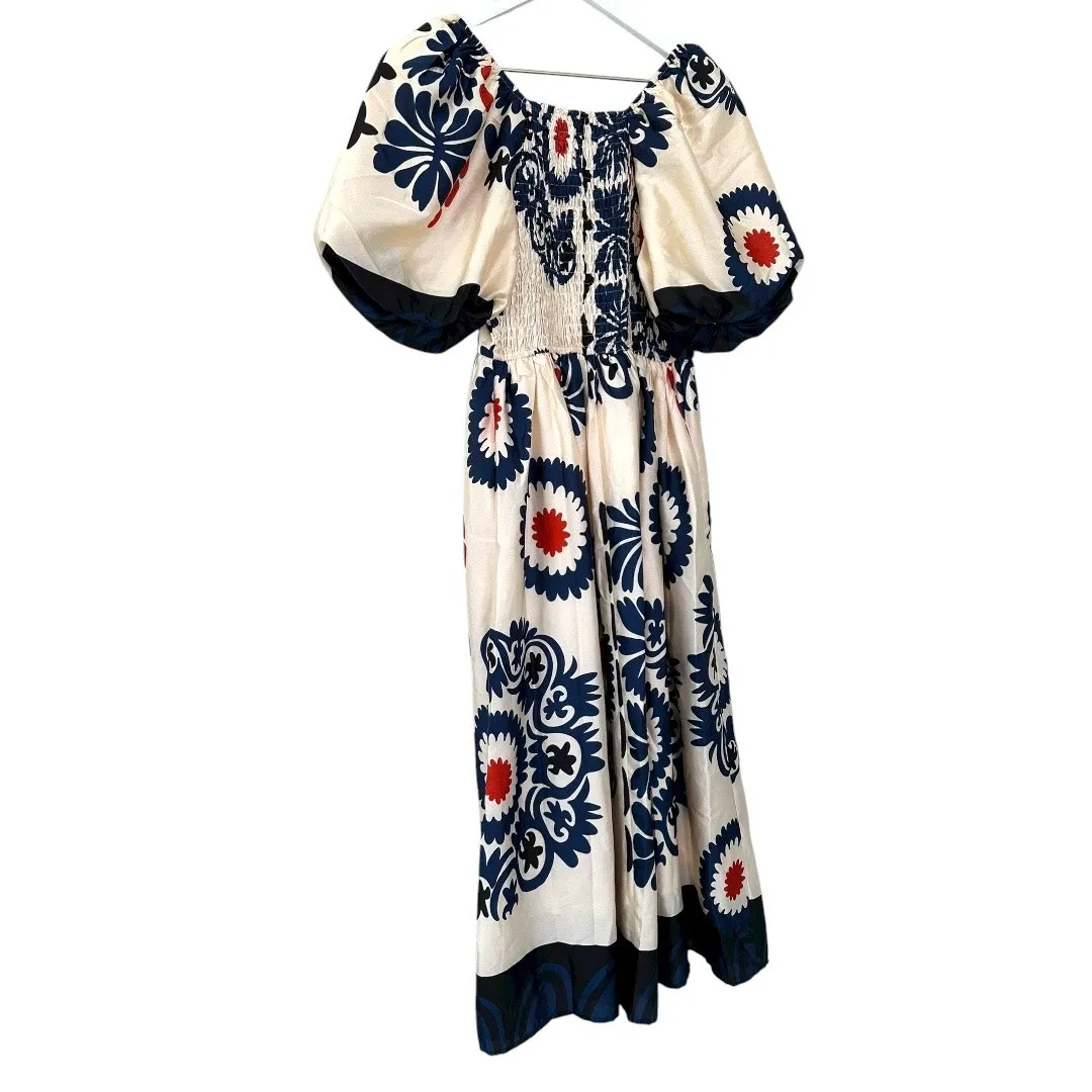 Piper & Scoot Exclusive Puff Sleeve Maxi Dress XS White Blue Red Floral Boho - Image 4