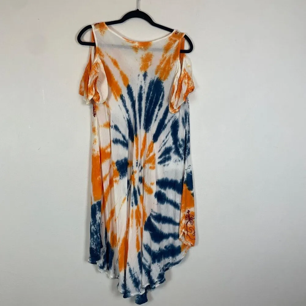 Exist Women's OS Orange and Blue Tie Dye Off the Shoulder Embroidered Boho Dress - Image 6