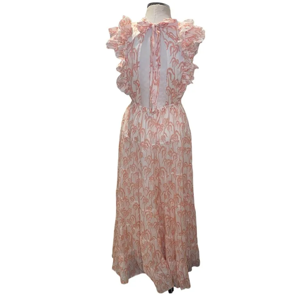 Scotch & Soda Printed Voile White Ruffled Open Tie Back Maxi Dress Size Medium - Image 7