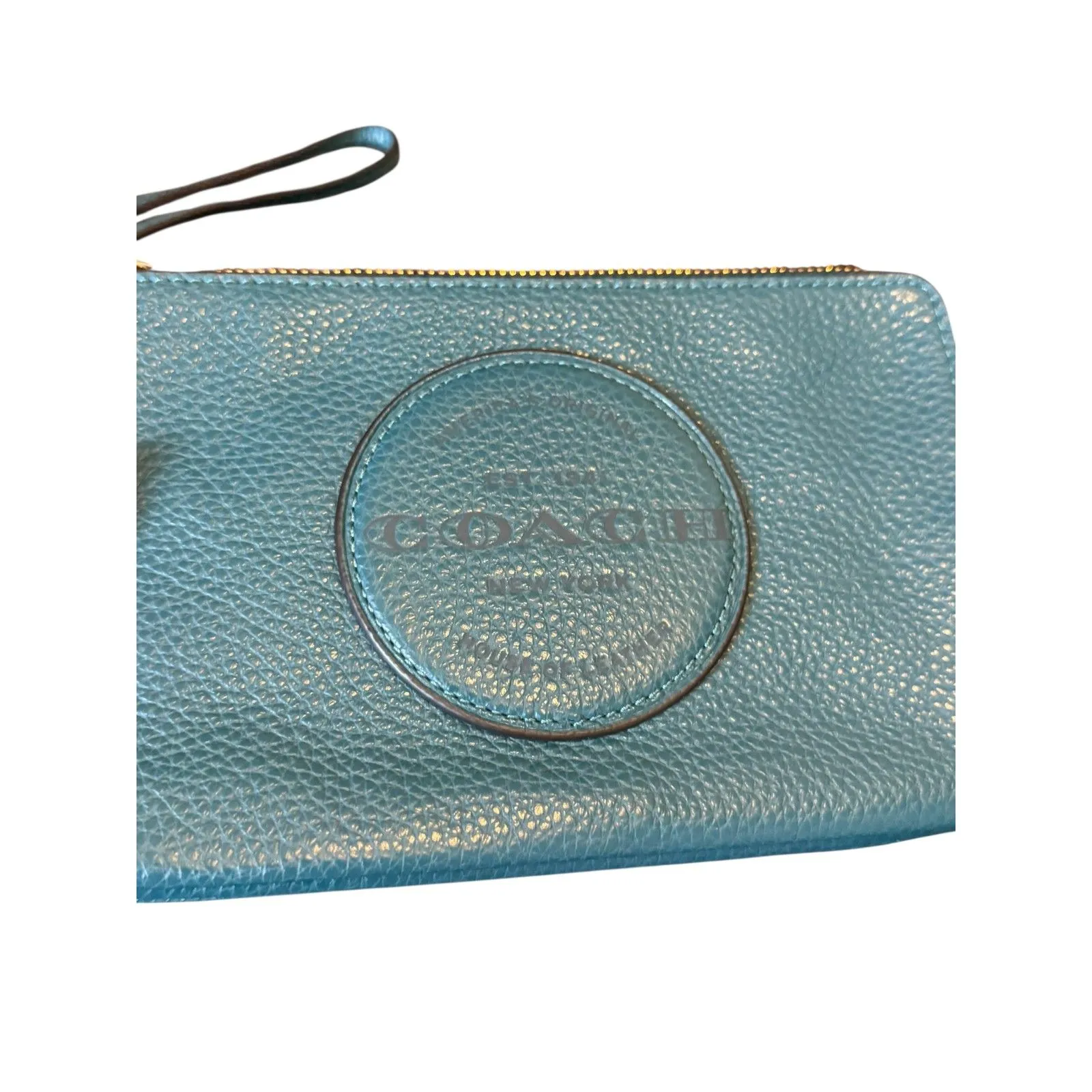 Coach Dempsey Teal Pebble Leather Double Zip Wristlet with Gold Hardware - Image 3