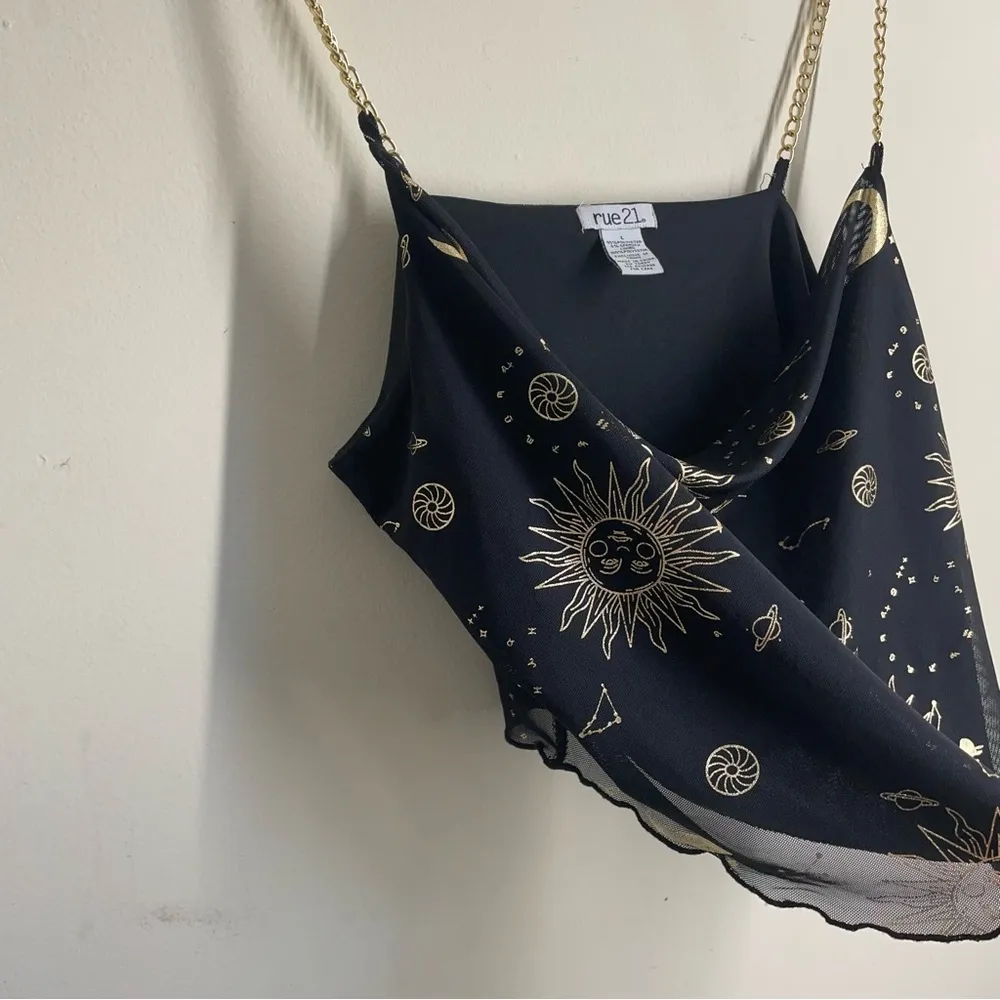 Rue21 Vintage Y2K Celestial Print Cowl Neck Cami Top Chain Straps Black Gold L - Image 5