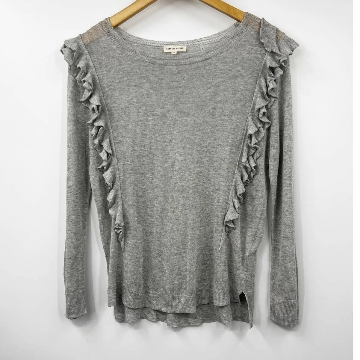 Rebecca Taylor Sweater‎ Womens Gray Ruffle Open Knit Pullover Size Medium - Image 2