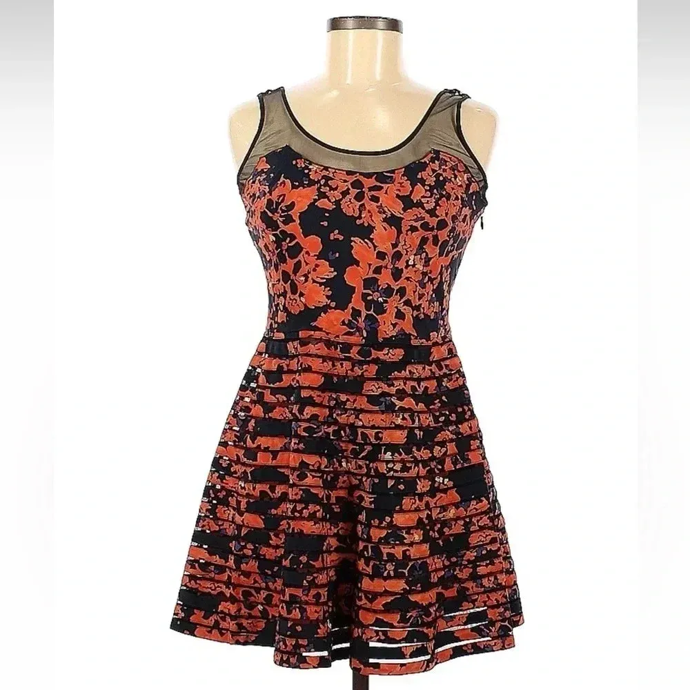 Parker Orange & Black Petal Bloom Mesh Sleeveless Fit & Flare Silk Dress Size M - Image 3