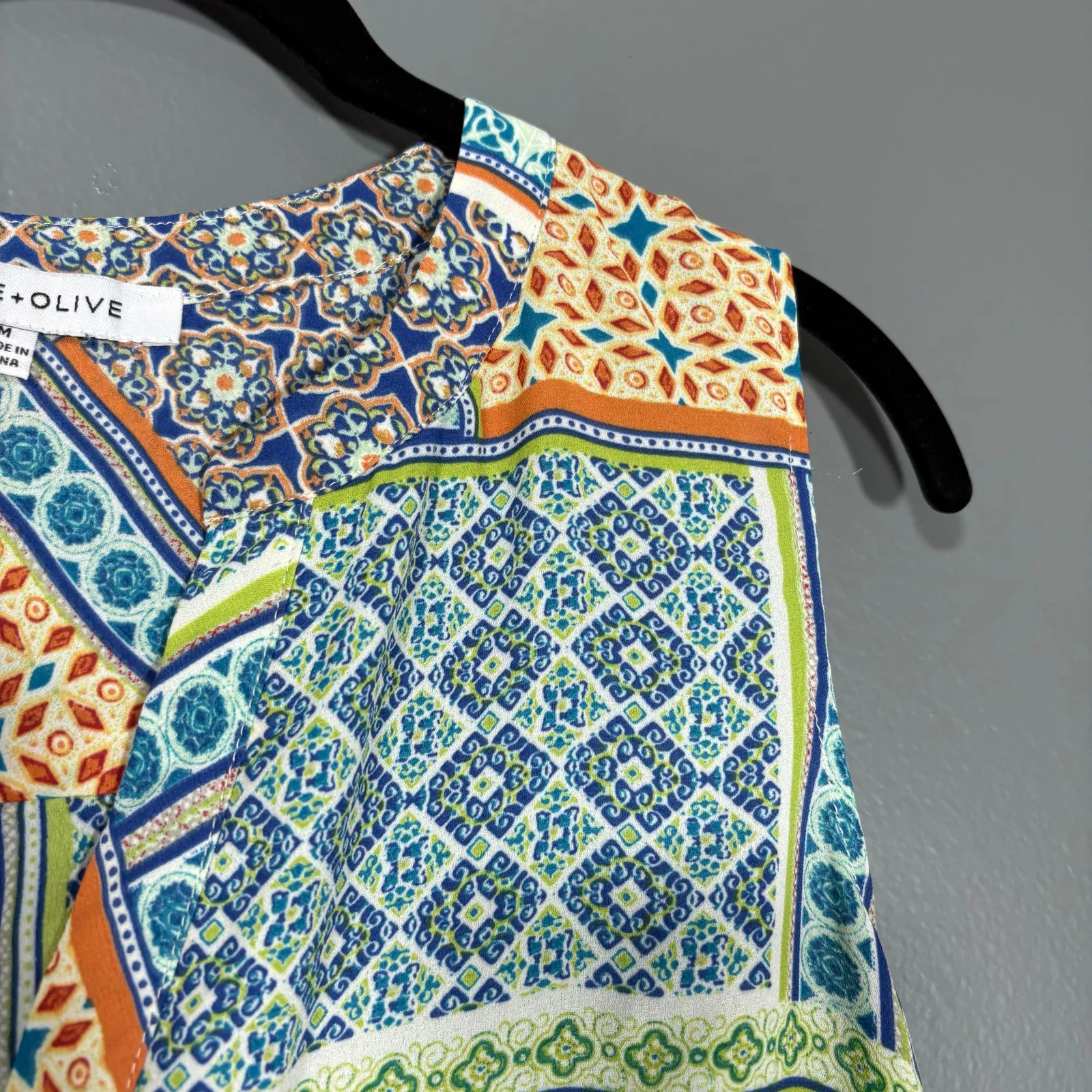 Rose + Olive Women's Blue & Orange Patchwork Sleeveless Top - Size Medium - Boho - Image 2