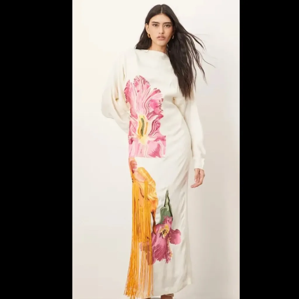 ASOS ARRANGE Maxi Dress Embroidered Floral 4 Long Sleeve White Pink Orange - Image 3