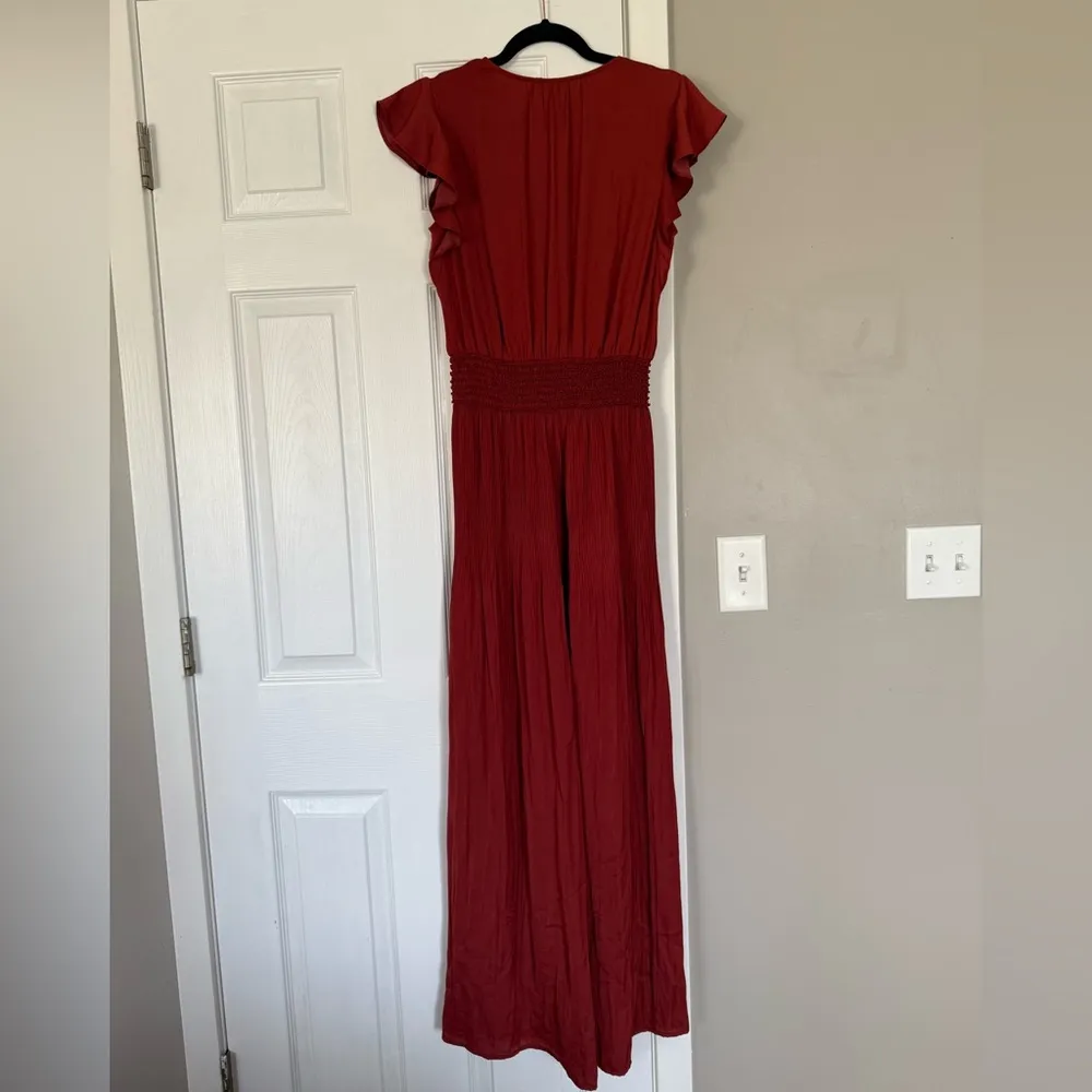 Current Air Smocked Pleated Jumpsuit Satin Women V-Neck Orange Rust Cap Sleeve - Image 10