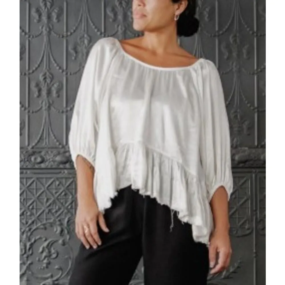 Raquel Allegra Satin Peasant Top in Ivory Pebble Sz. 1 (US S) White - Image 2