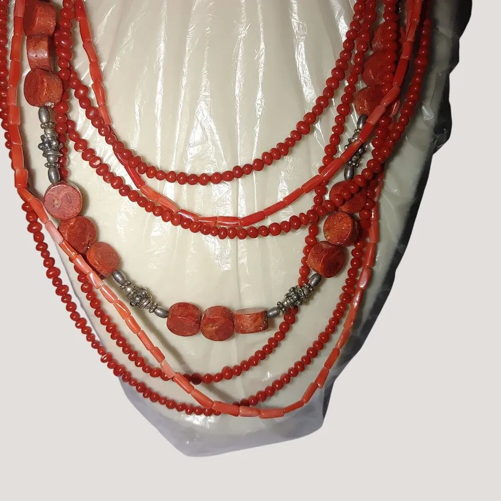 Red Coral Multi Strand Necklace 16 Inch Mexican 925 Sterling Silver Intricate - Image 5