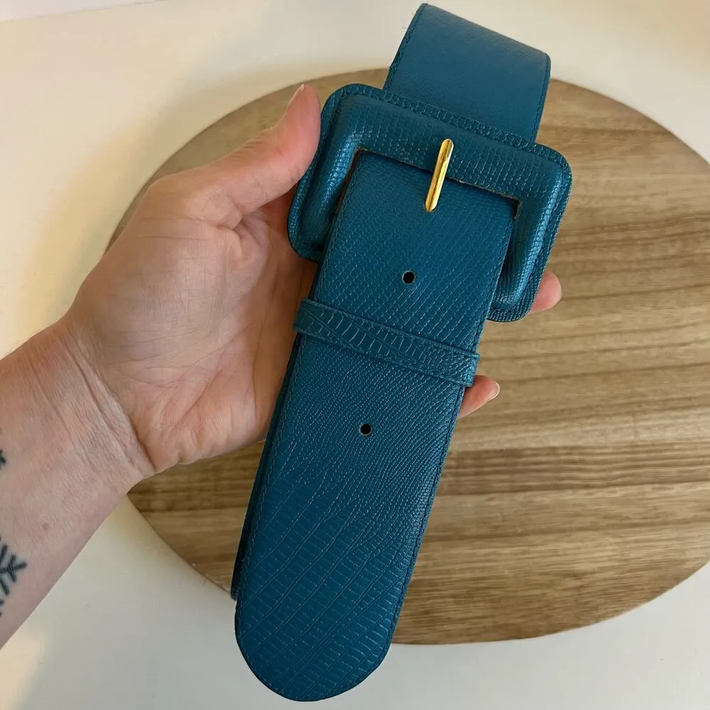 90s Vintage Paul Harris Blue Genuine Leather Wide Snake Print Chunky Belt S/M - Image 3