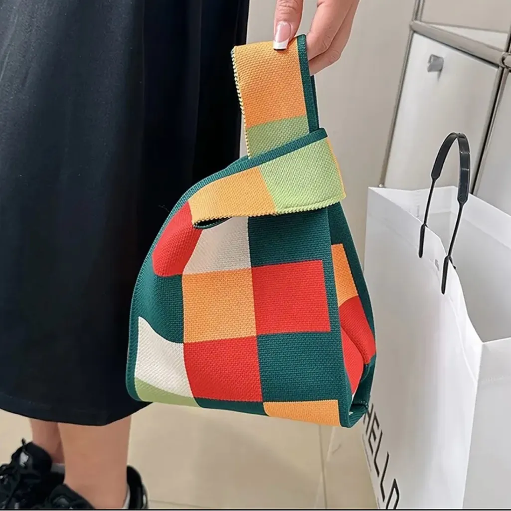 Colorblock Plaid Knitted Style Korean Style‎ Aesthetic Knotted Wrist Bag Woven - Image 9