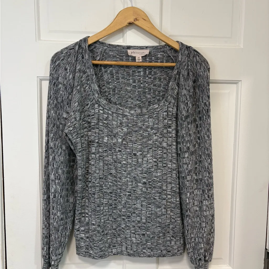 Philosophy Gray Long Sleeve Ribbed Knit Sweater Top Square Neck Marled Y2K Sz M - Image 3