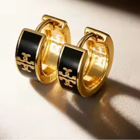 Black and White Huggie Logo Earrings Gold - Image 2