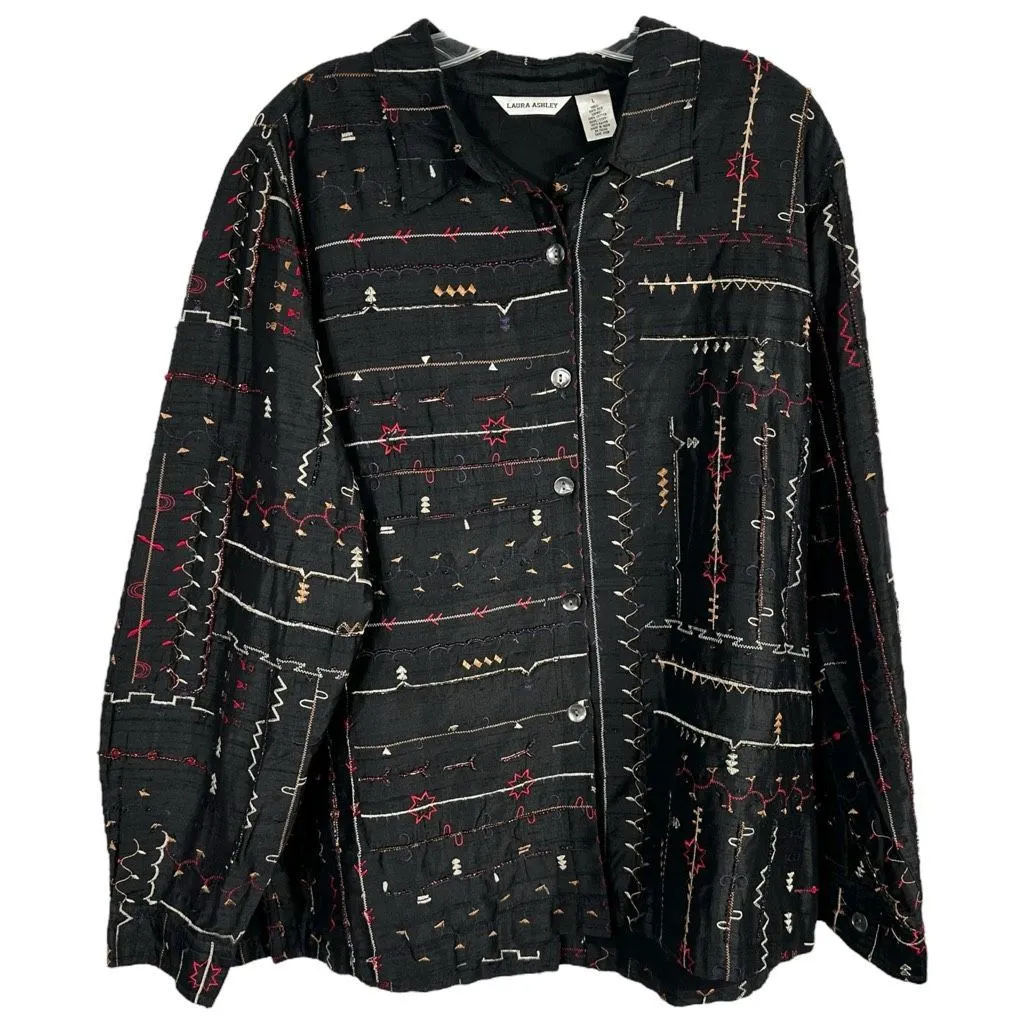 Laura Ashley Size Large Top Beaded Silk Black Embroidered Button Up Blouse 1488 - Image 1