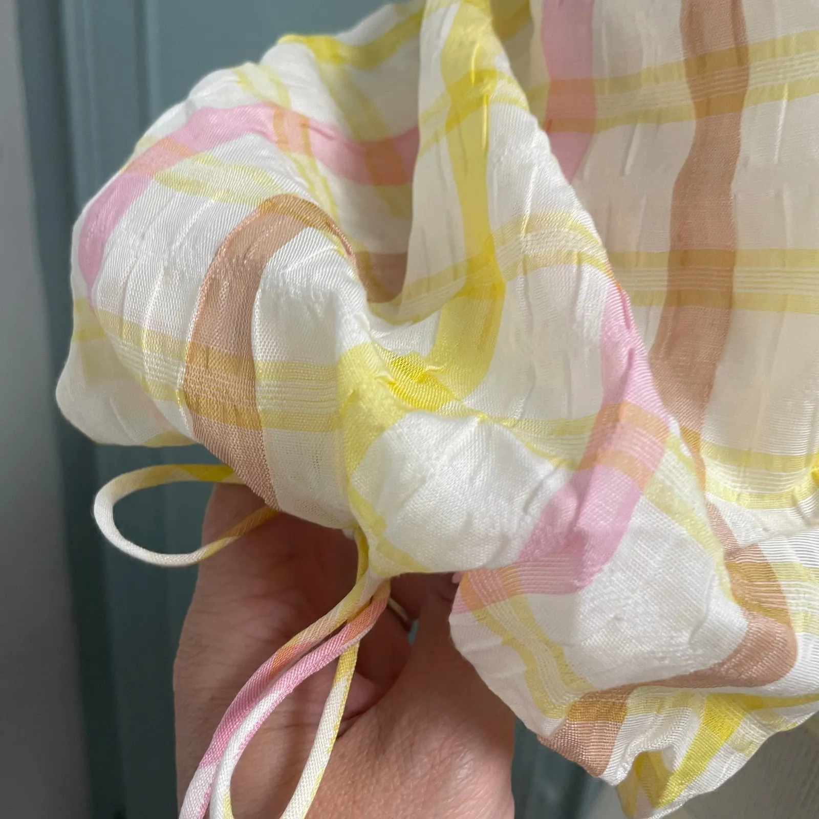 For Love & Lemons XS Puff Sleeve Pink Yellow Plaid Crop Top Festival Concert - Image 4