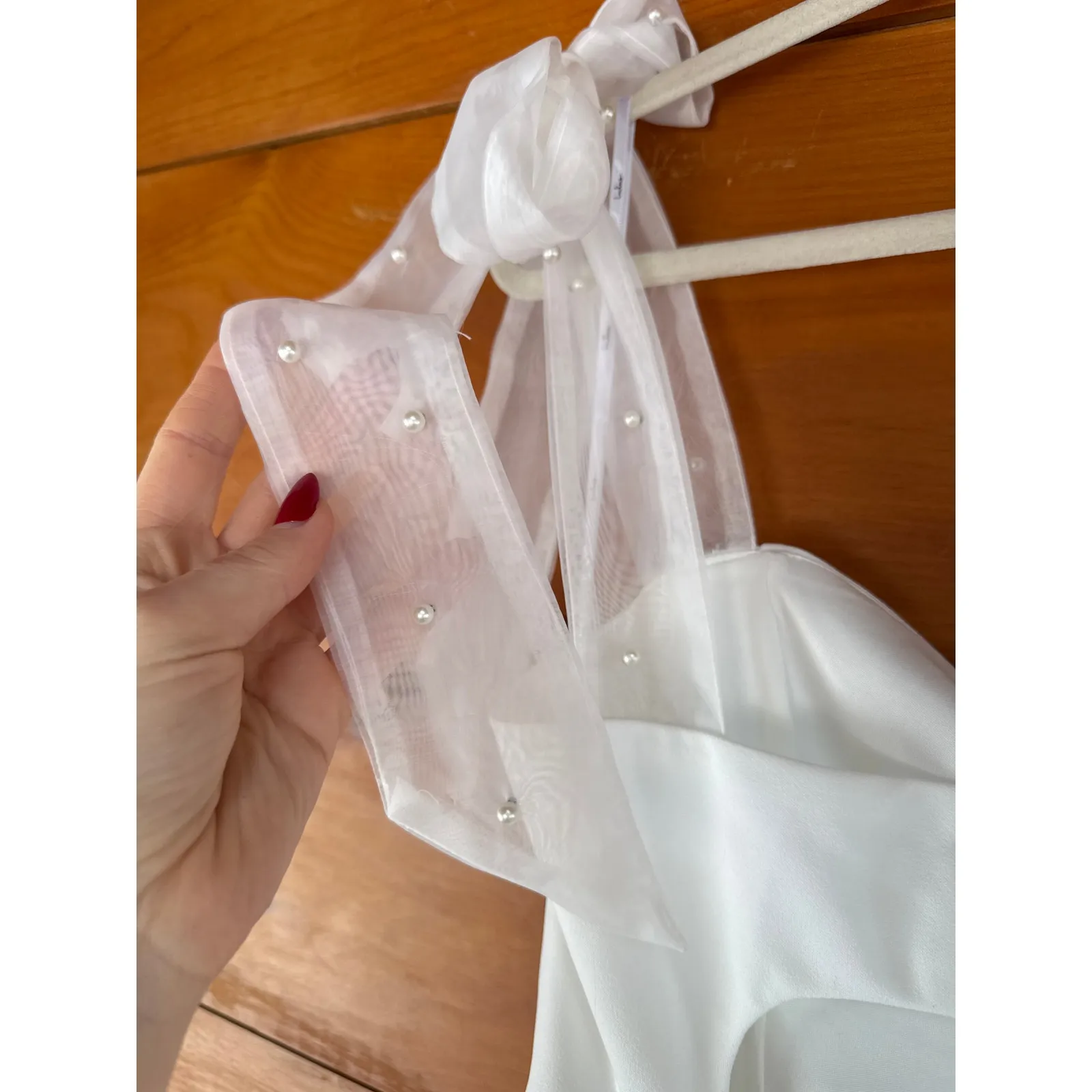 Lulus Beaming Perfection White Pearl Organza Tie-Strap Mini Dress Wedding Sz M - Image 5