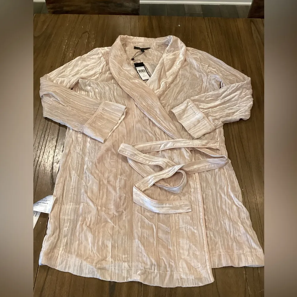 BCBG Maxazria Crushed Velvet Robe Wrap Dress long sleeve v neck almond pink L - Image 5