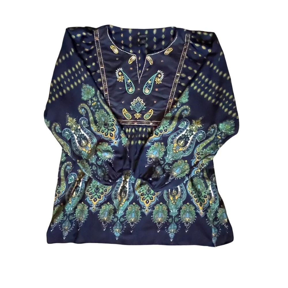 Westbound Womens XL Boho Embroidered V-Neck Pullover Blouse  Navy/Green Sequins - Image 3