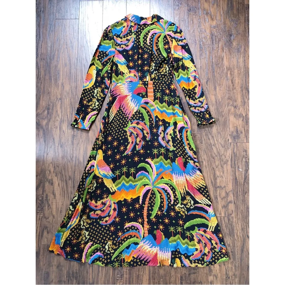 Farm Rio • Macaw Island Dress long sleeve maxi black cross stitch print - Image 15