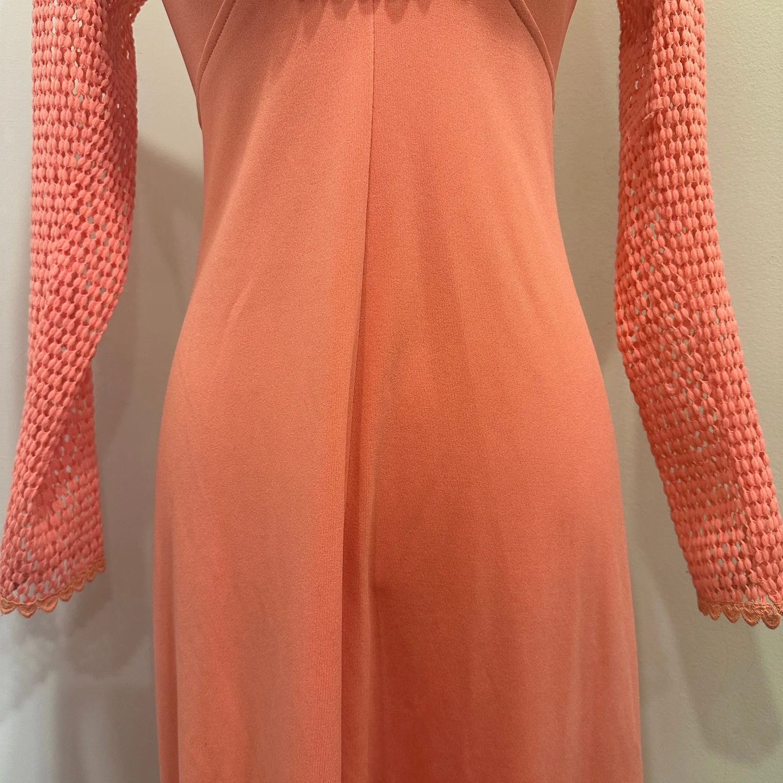 VTG 70s Coral Long Crochet Sleeve Maxi Dress Victorian Edwardian Revival Size XS - Image 6