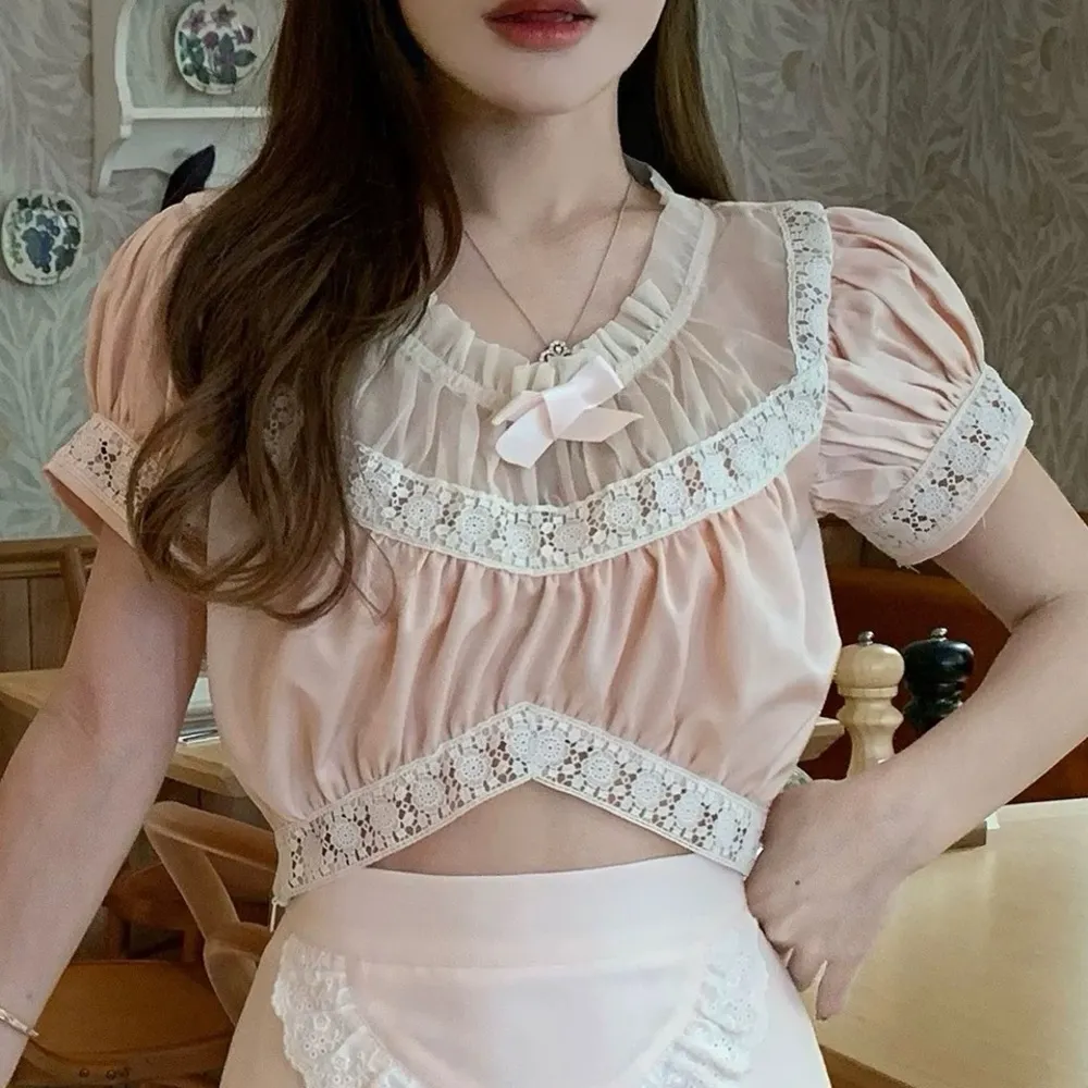 Japanese Kawaii Pastel Peach Pink Lace Ruffle Ribbon Bow Silky Crop Top Blouse Size XS - Image 2