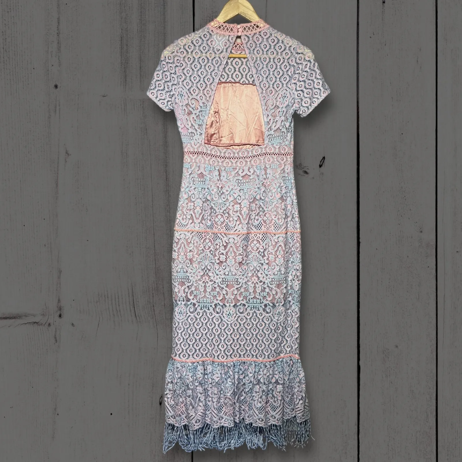 Anthropologie Foxiedox Flourite Lace Midi Dress Pink Blue Crochet XS - Image 2