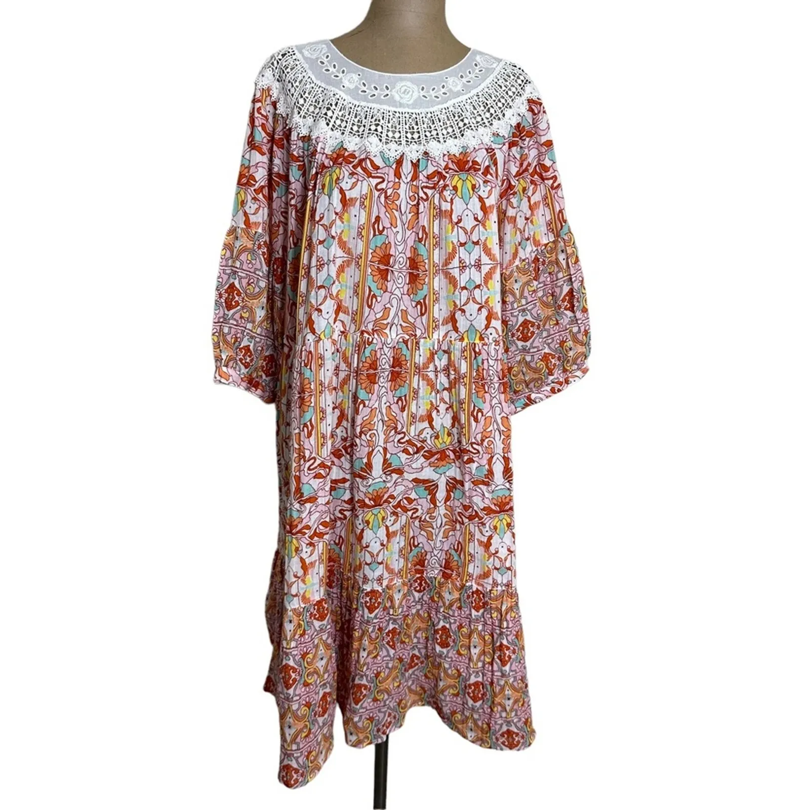 Anthropologie Midi Dress Pink Floral Florence Lace Collar Cotton Cottage - Image 6