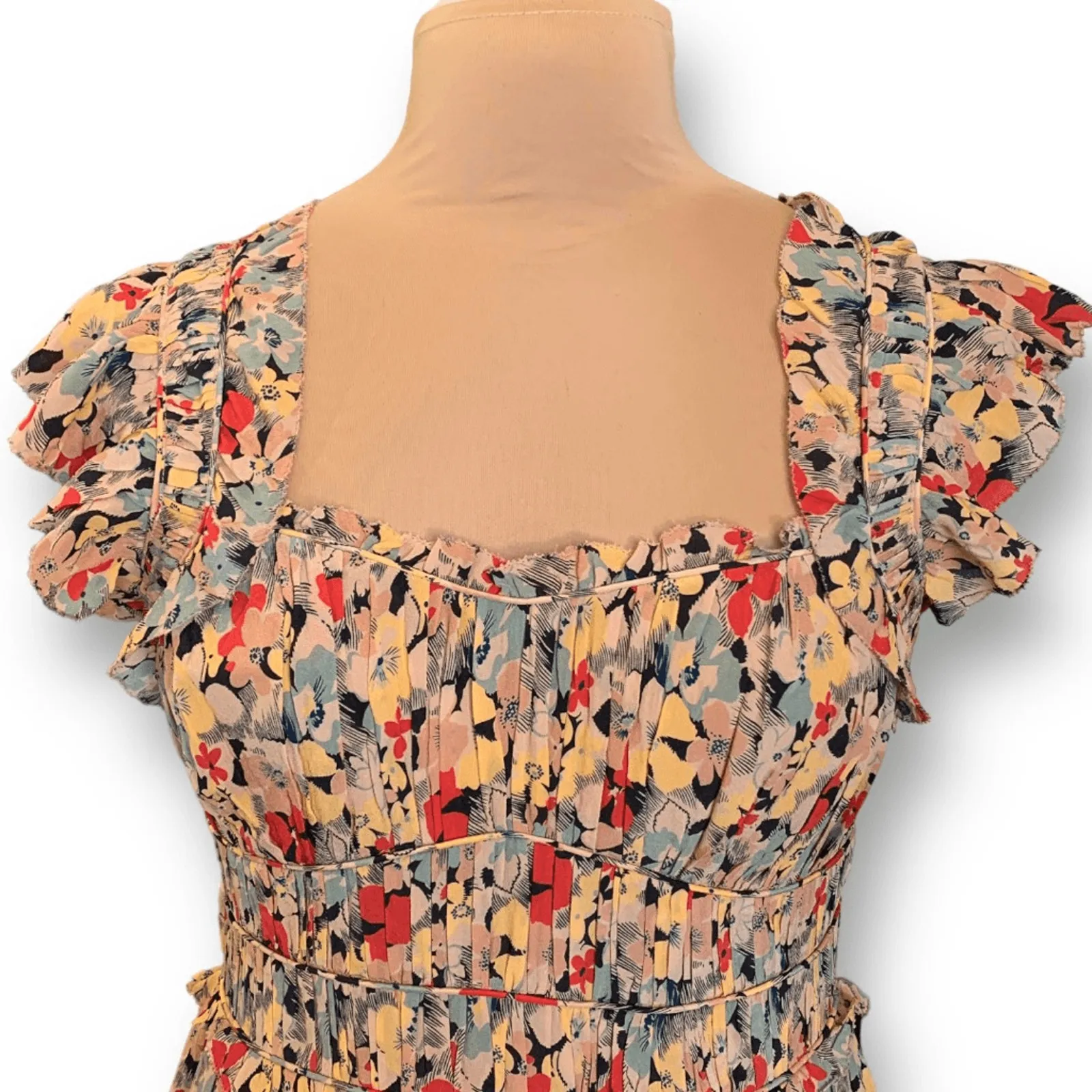 SEA New York Silk Floral Midi Dress Smocked Waist Flutter Sleeve Large New Yellow - Image 6