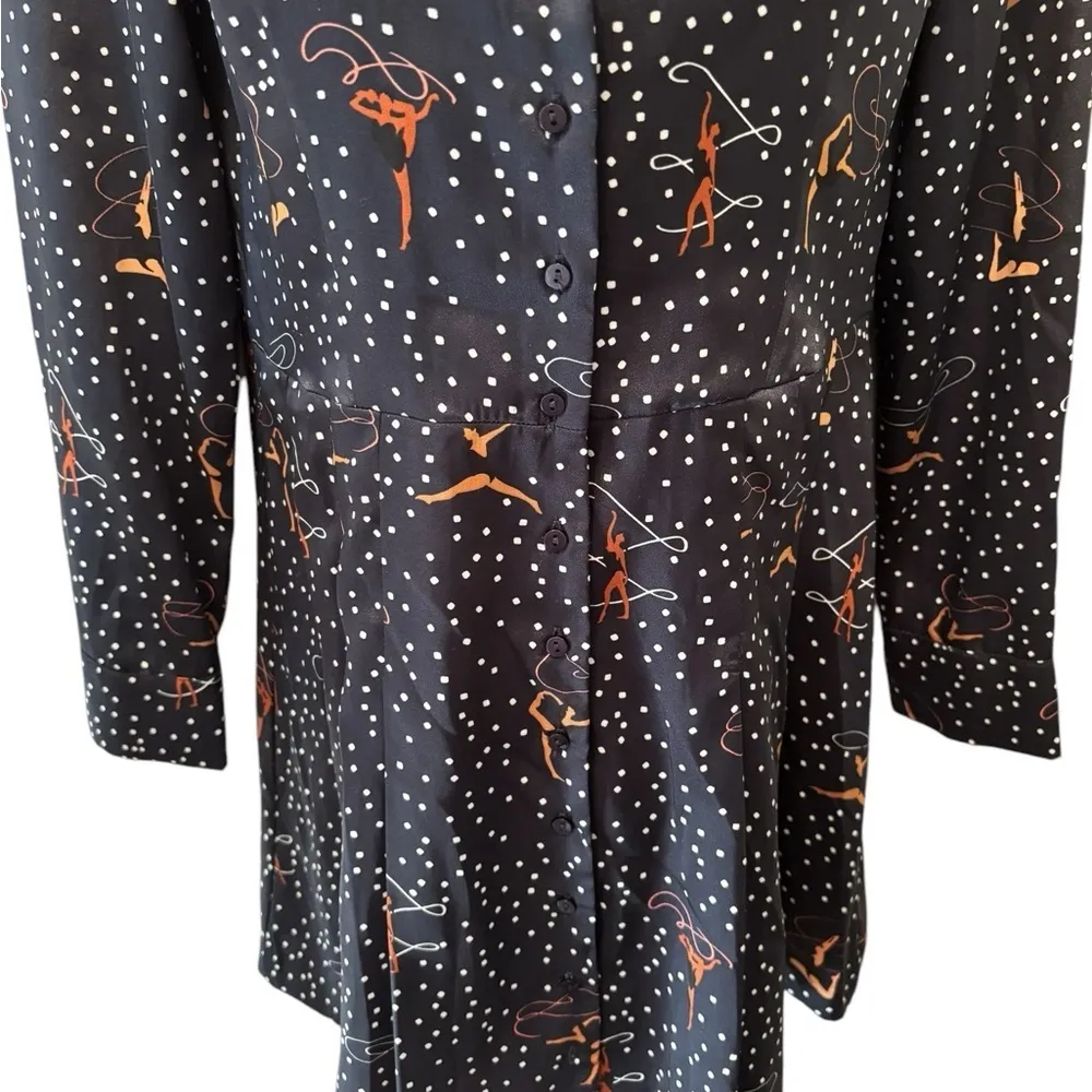 Zara Button Up Dress Gymnast Dancer Print Sz S Pleated Skirt Navy Blue LS NEW - Image 3