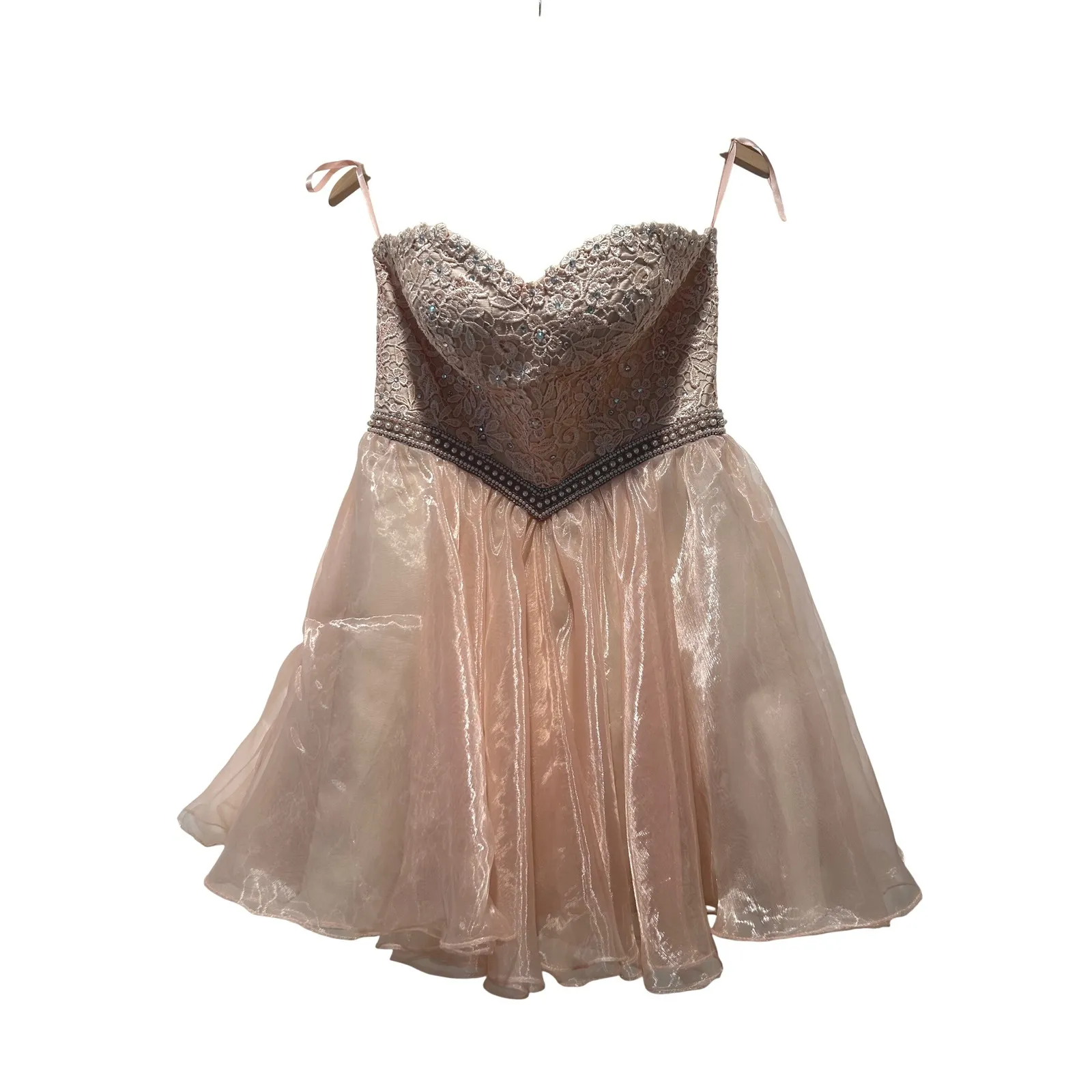 Abby Paris Lace Rhinestone Pearl Strapless Mini Dress Party Cocktail Prom Size 8 - Image 2