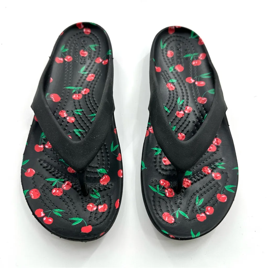 Crocs Kadee II Flip Flop Sandals Black w/ Cherry Pattern Design - Image 2