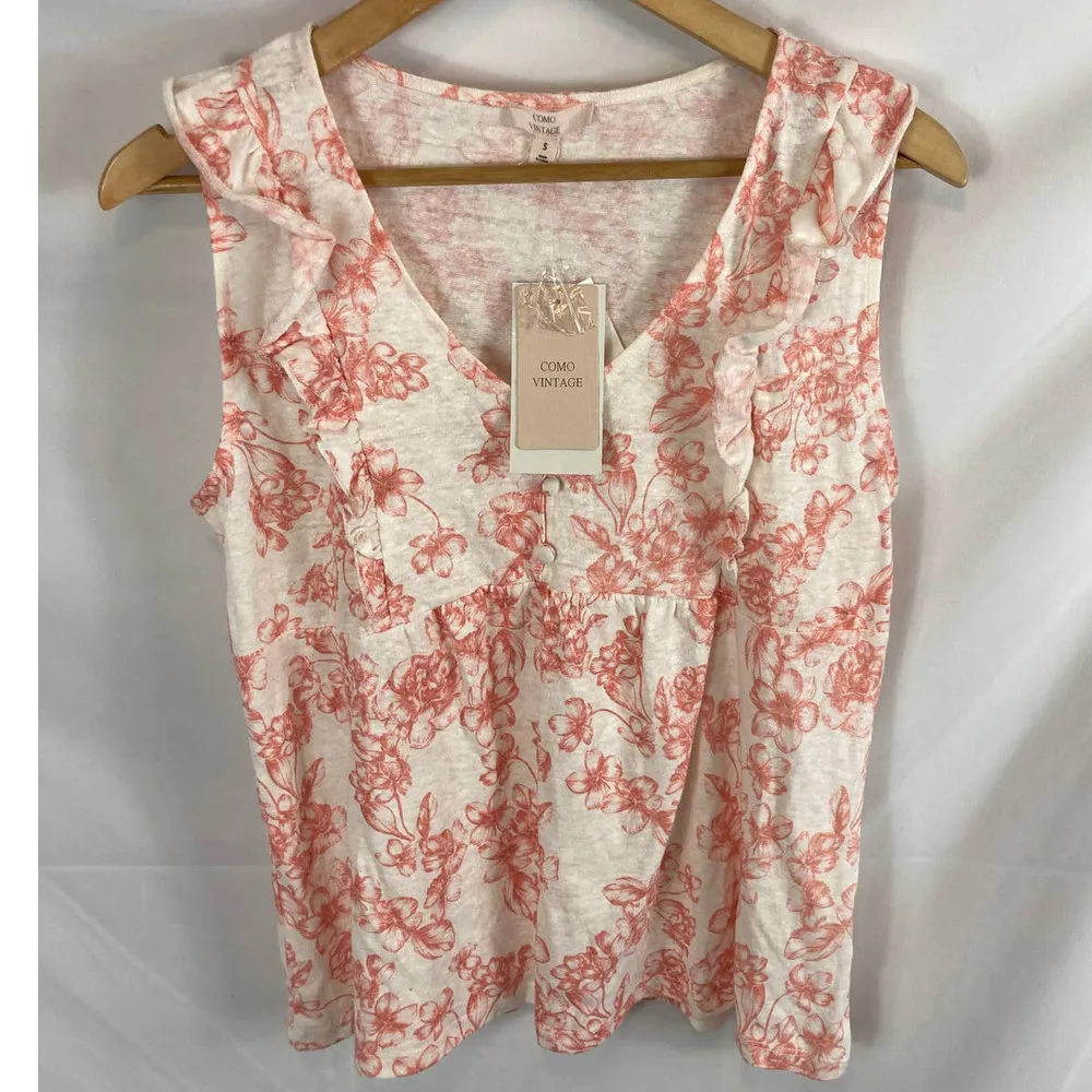 NWT Como Vintage Ruffle Trim Floral Print Linen Blend Tank Top size small - Image 2