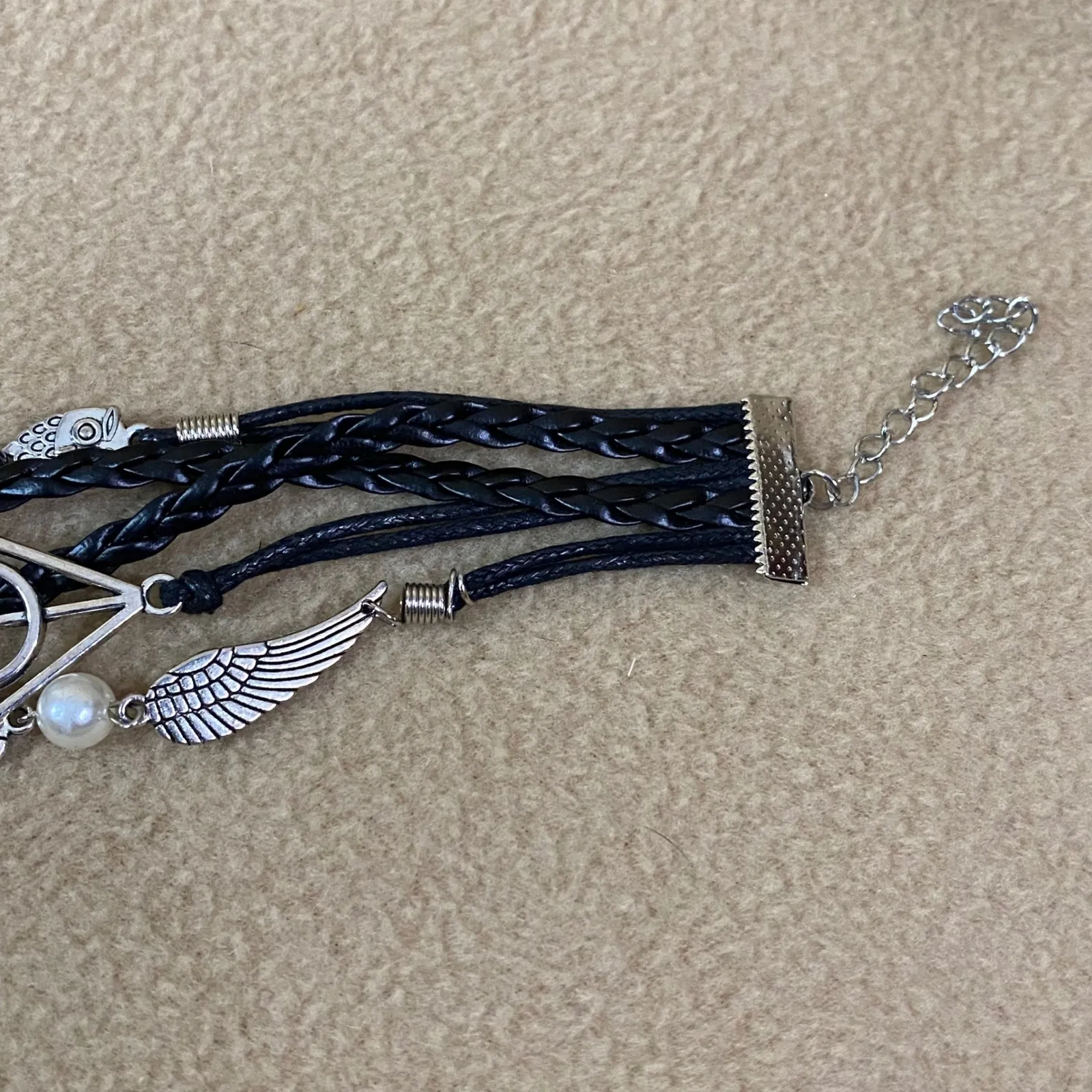 Harry Potter Deathly Hallows Owl Wing Pearl Charm Bracelet Unisex Adjustable 8in Black - Image 9