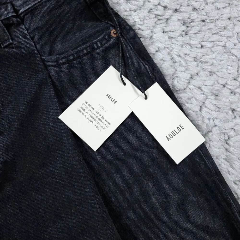 Agolde Fold Waistband Jean Shorts Black Conduct Pleated Raw Hem Size 24 Faded - Image 4