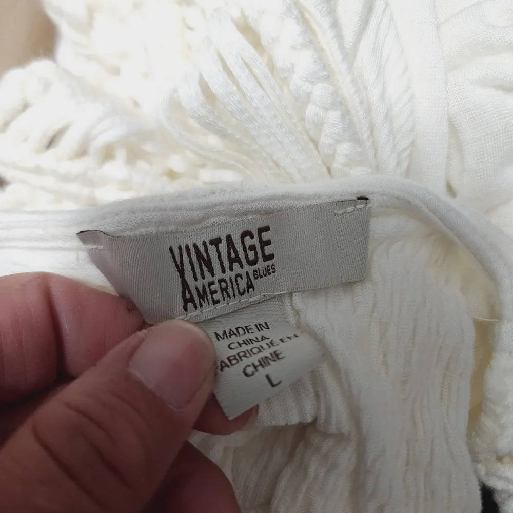 Vintage America Deniz Ivory Macrame Yoke Gauze Sleeveless Blouse Size Large - Image 6