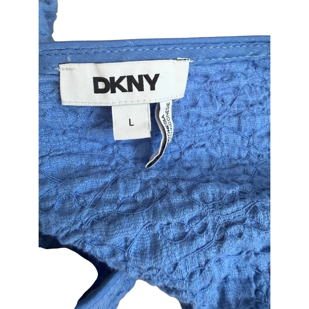 DKNY Blue Silver Button Down Short Sleeve Top Size Large - Image 3