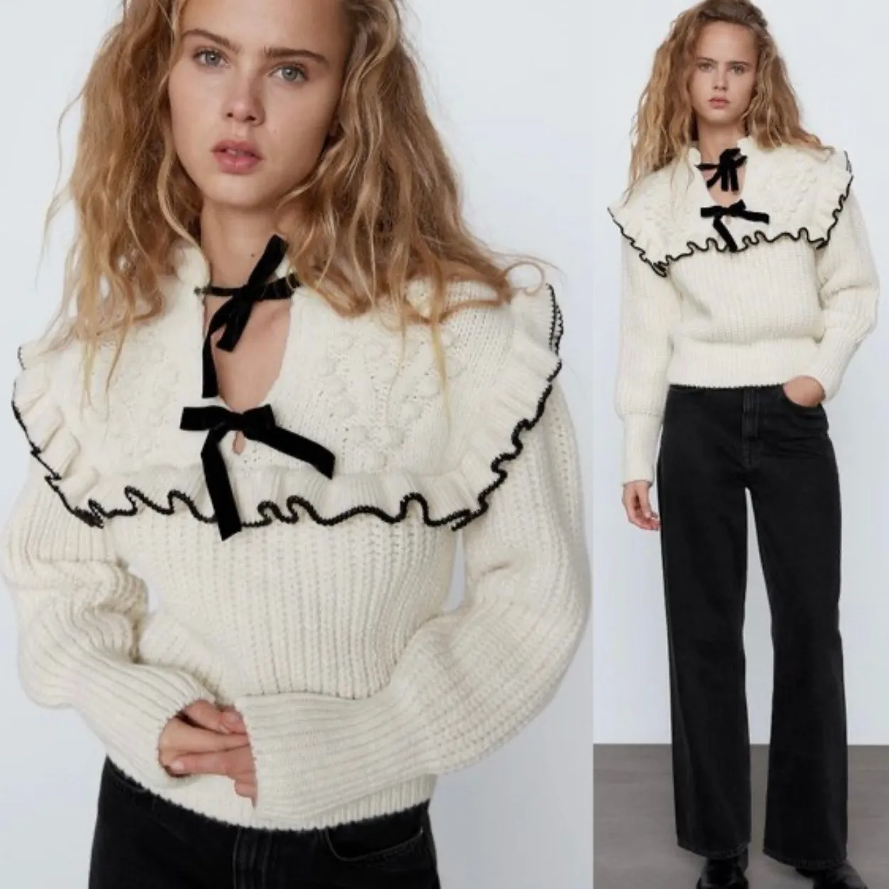 Zara Bow Tie Knit Ruffle Sweater Size Medium 5802/008/064‎ - Image 3