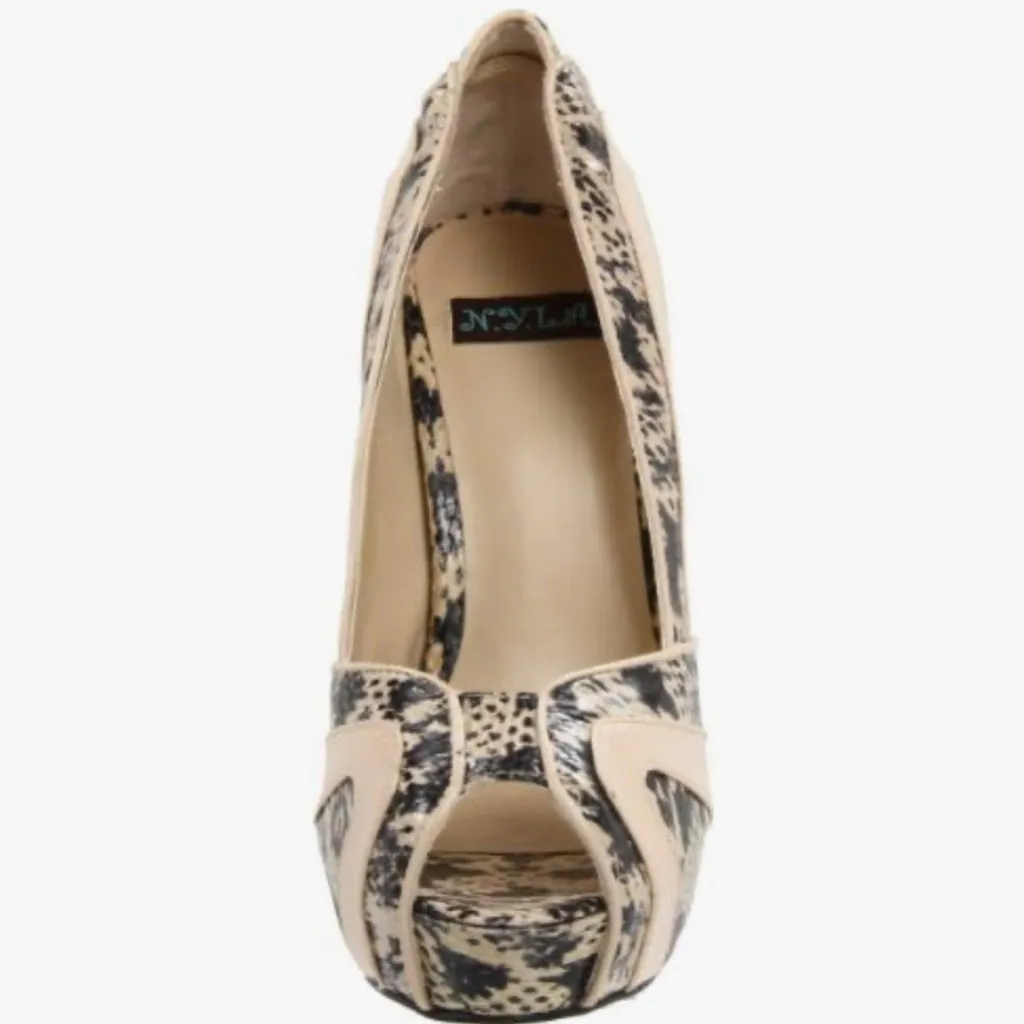 NEW N.Y.L.A. Peep Toe Platform Heel Pumps Genuine Leather Snakeskin 5” heel 6 Tan - Image 2