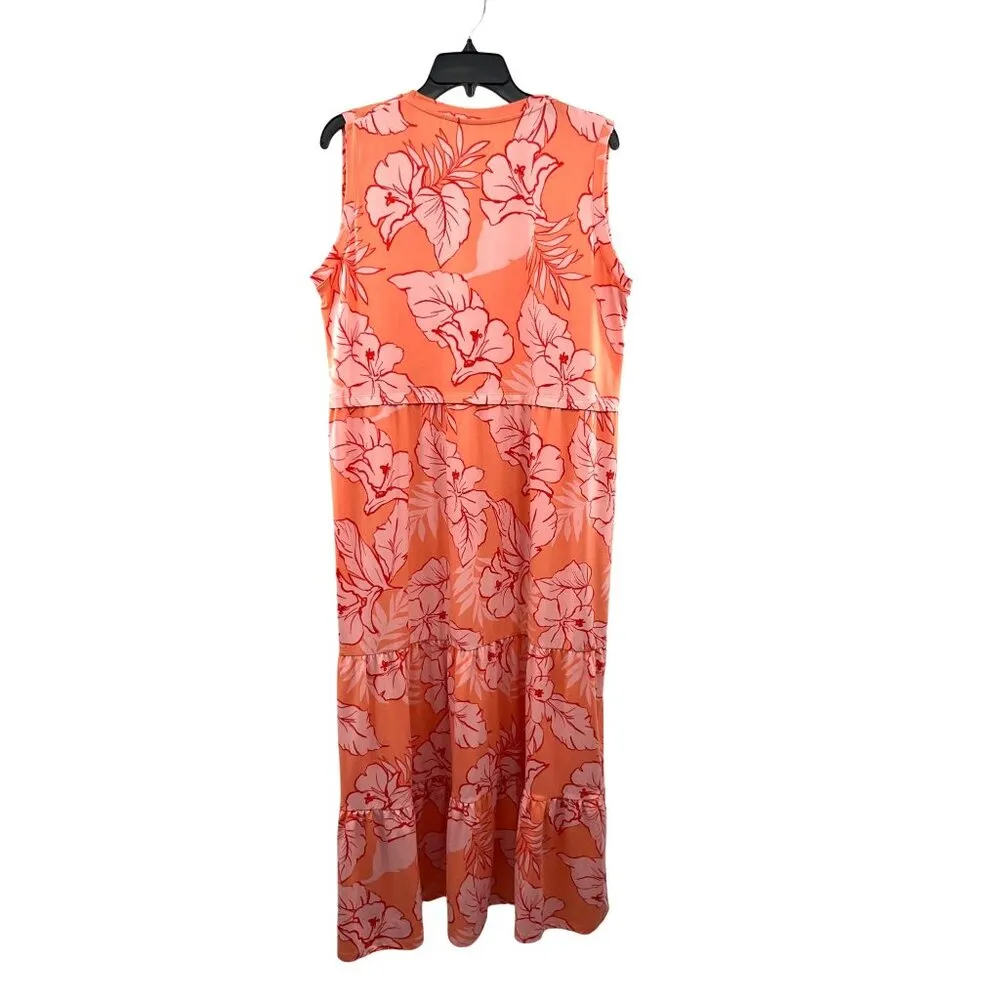 Cuddl Duds Tiered Floral Dress Womens 1X Coral Hibiscus Midi Maxi Sleeveless - Image 2